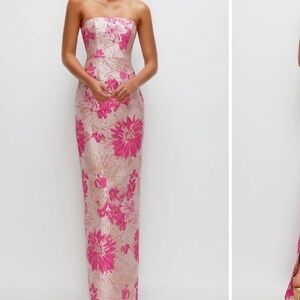 Alfred Sung pink multi hibiscus metallic floral jacquard strapless column gown